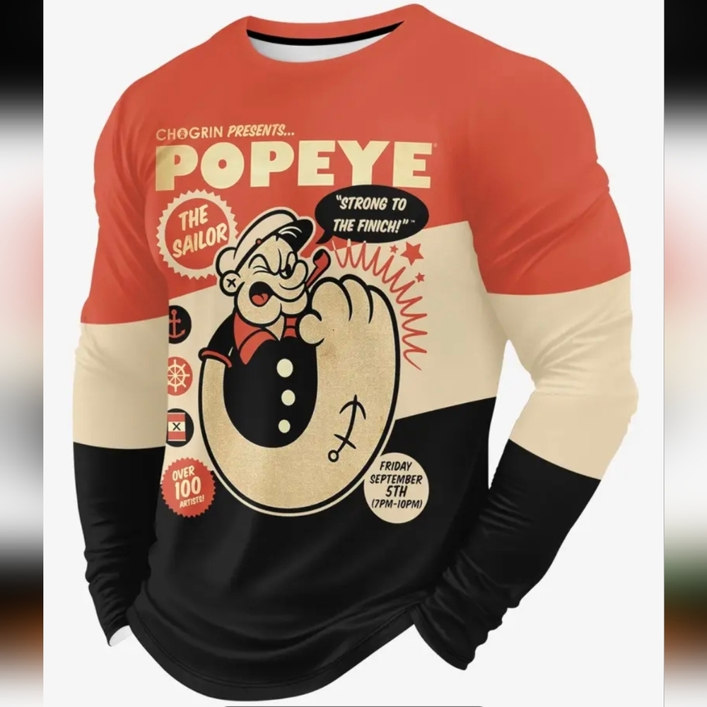 Popeye Graphic Print Long Sleeve Shirt, Mens Size Large New